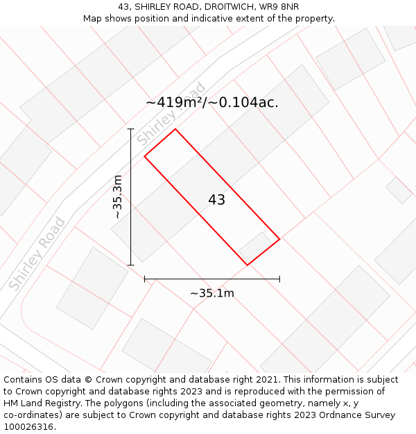 43, SHIRLEY ROAD, DROITWICH, WR9 8NR: Plot and title map
