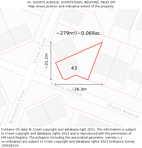 43, SHORTS AVENUE, SHORTSTOWN, BEDFORD, MK42 0FP: Plot and title map