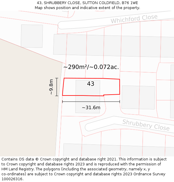 43, SHRUBBERY CLOSE, SUTTON COLDFIELD, B76 1WE: Plot and title map