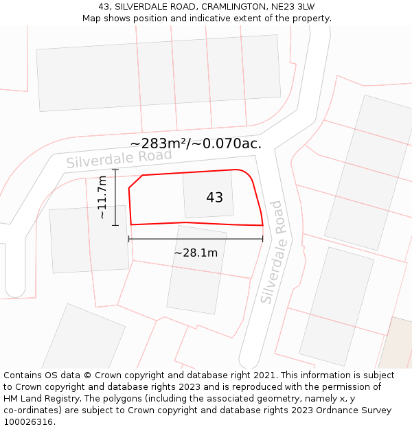 43, SILVERDALE ROAD, CRAMLINGTON, NE23 3LW: Plot and title map