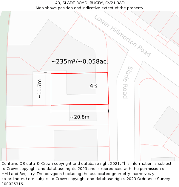 43, SLADE ROAD, RUGBY, CV21 3AD: Plot and title map