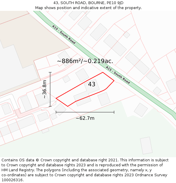 43, SOUTH ROAD, BOURNE, PE10 9JD: Plot and title map