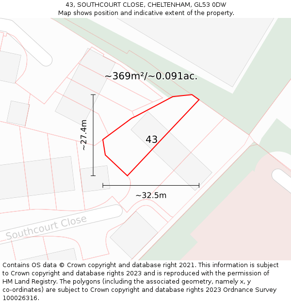 43, SOUTHCOURT CLOSE, CHELTENHAM, GL53 0DW: Plot and title map