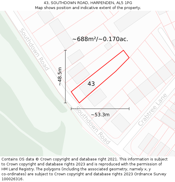 43, SOUTHDOWN ROAD, HARPENDEN, AL5 1PG: Plot and title map