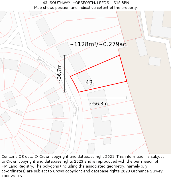 43, SOUTHWAY, HORSFORTH, LEEDS, LS18 5RN: Plot and title map