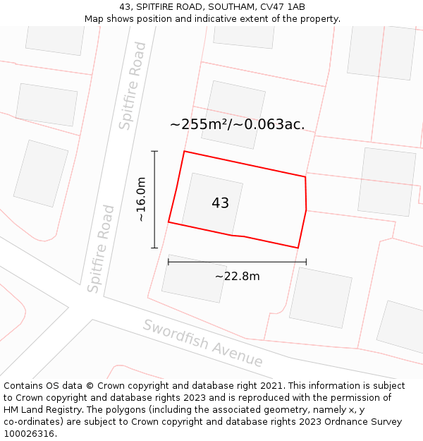 43, SPITFIRE ROAD, SOUTHAM, CV47 1AB: Plot and title map