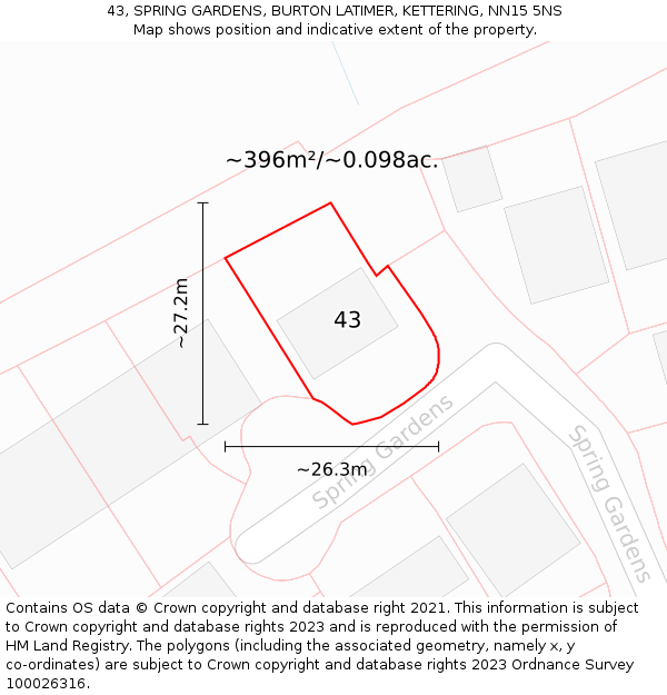 43, SPRING GARDENS, BURTON LATIMER, KETTERING, NN15 5NS: Plot and title map