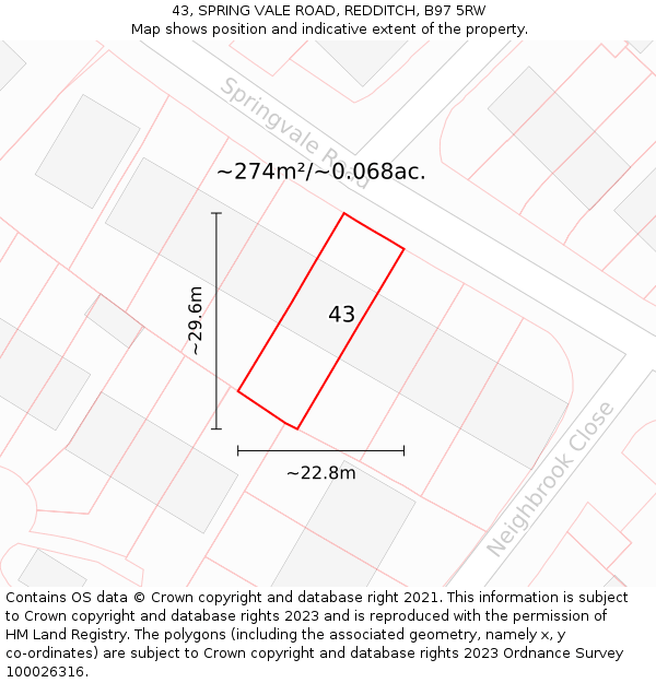 43, SPRING VALE ROAD, REDDITCH, B97 5RW: Plot and title map