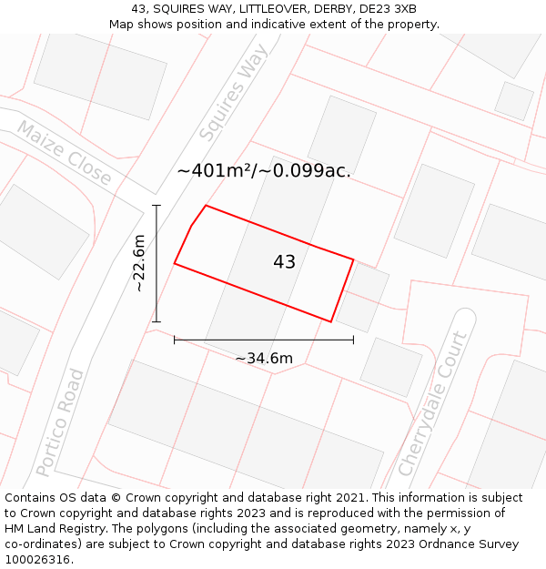 43, SQUIRES WAY, LITTLEOVER, DERBY, DE23 3XB: Plot and title map