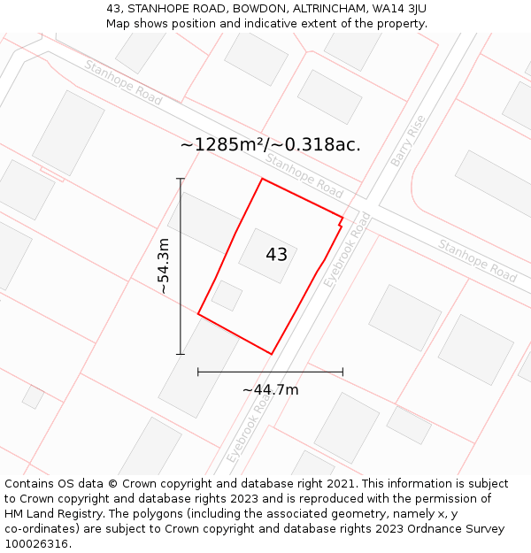 43, STANHOPE ROAD, BOWDON, ALTRINCHAM, WA14 3JU: Plot and title map