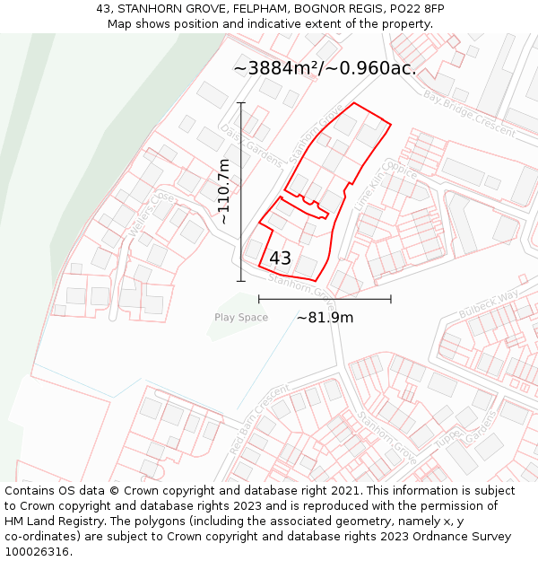 43, STANHORN GROVE, FELPHAM, BOGNOR REGIS, PO22 8FP: Plot and title map