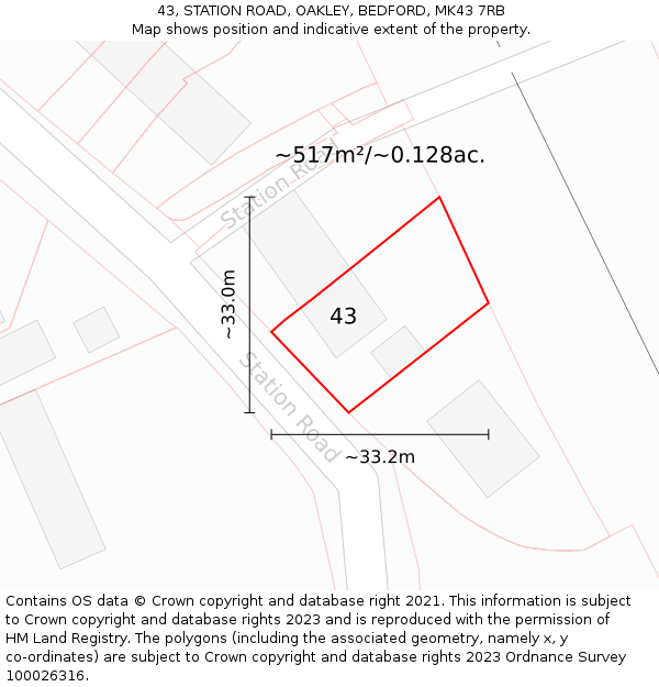 43, STATION ROAD, OAKLEY, BEDFORD, MK43 7RB: Plot and title map