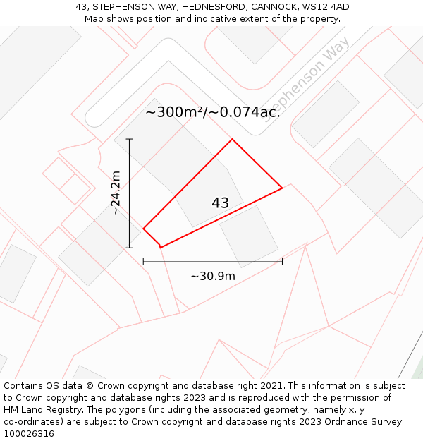 43, STEPHENSON WAY, HEDNESFORD, CANNOCK, WS12 4AD: Plot and title map