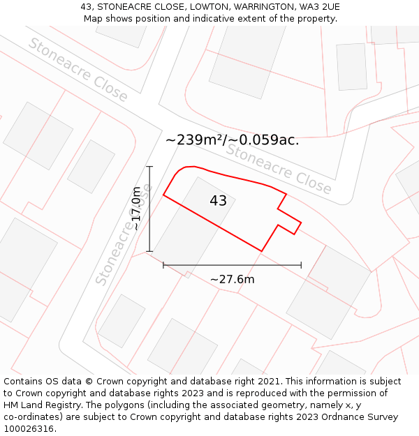 43, STONEACRE CLOSE, LOWTON, WARRINGTON, WA3 2UE: Plot and title map