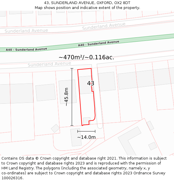 43, SUNDERLAND AVENUE, OXFORD, OX2 8DT: Plot and title map