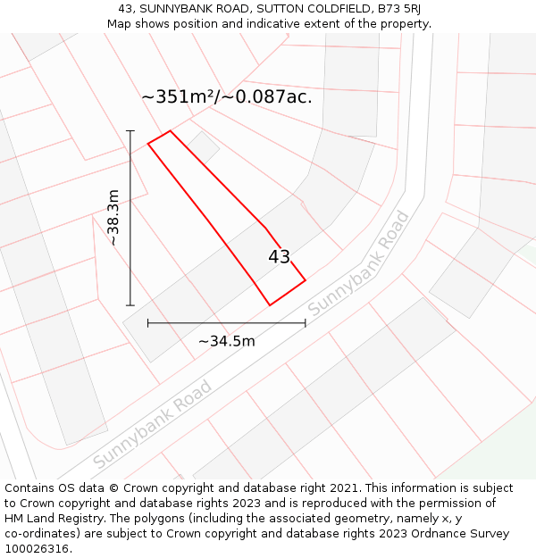 43, SUNNYBANK ROAD, SUTTON COLDFIELD, B73 5RJ: Plot and title map