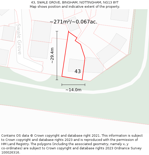 43, SWALE GROVE, BINGHAM, NOTTINGHAM, NG13 8YT: Plot and title map