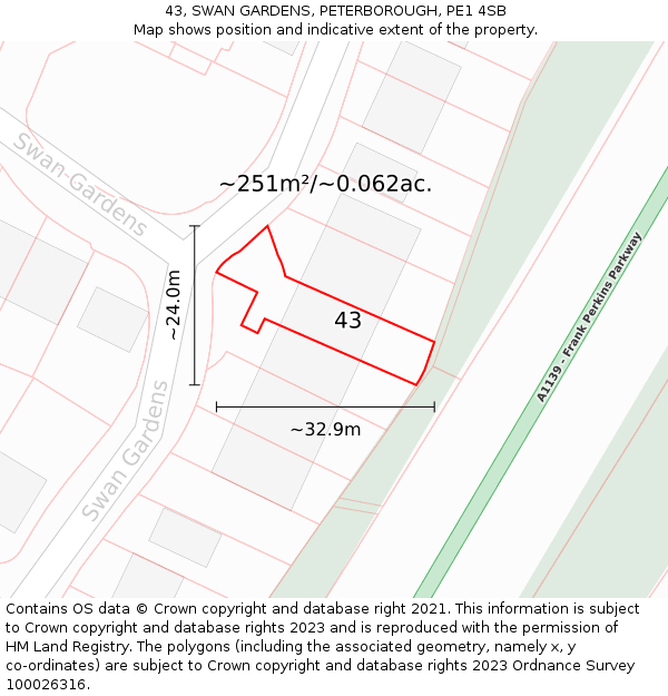 43, SWAN GARDENS, PETERBOROUGH, PE1 4SB: Plot and title map