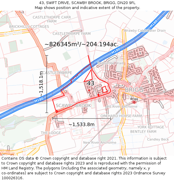 43, SWIFT DRIVE, SCAWBY BROOK, BRIGG, DN20 9FL: Plot and title map