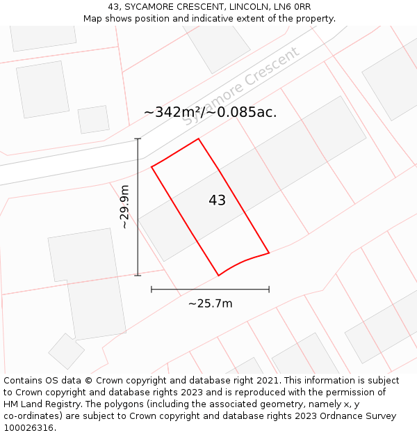 43, SYCAMORE CRESCENT, LINCOLN, LN6 0RR: Plot and title map