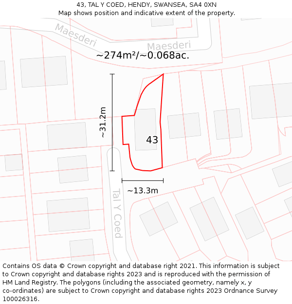 43, TAL Y COED, HENDY, SWANSEA, SA4 0XN: Plot and title map