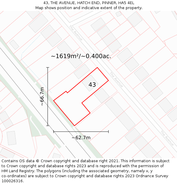 43, THE AVENUE, HATCH END, PINNER, HA5 4EL: Plot and title map