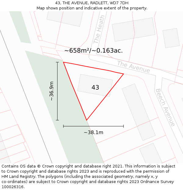 43, THE AVENUE, RADLETT, WD7 7DH: Plot and title map