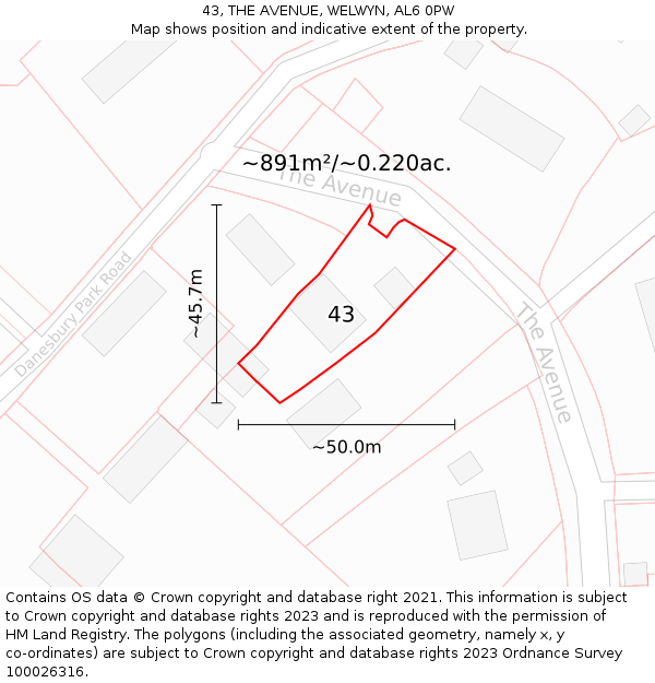 43, THE AVENUE, WELWYN, AL6 0PW: Plot and title map