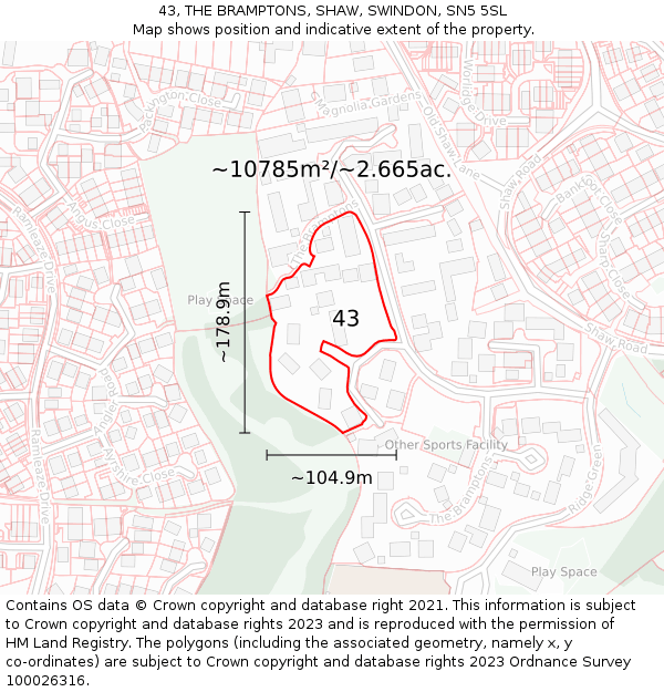 43, THE BRAMPTONS, SHAW, SWINDON, SN5 5SL: Plot and title map