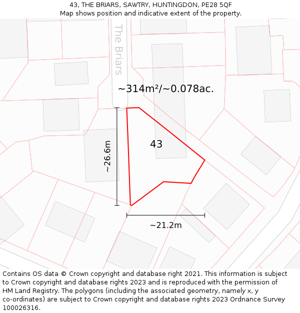 43, THE BRIARS, SAWTRY, HUNTINGDON, PE28 5QF: Plot and title map