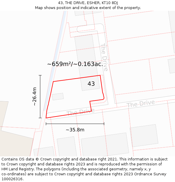 43, THE DRIVE, ESHER, KT10 8DJ: Plot and title map