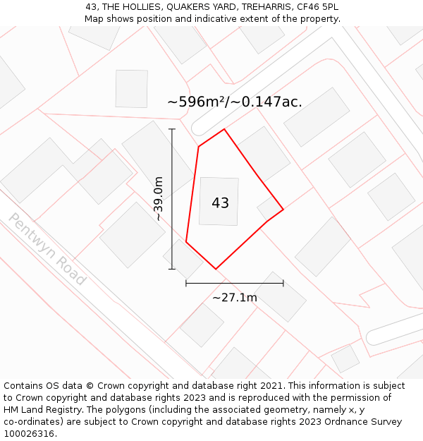 43, THE HOLLIES, QUAKERS YARD, TREHARRIS, CF46 5PL: Plot and title map