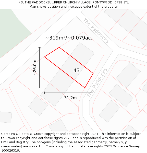 43, THE PADDOCKS, UPPER CHURCH VILLAGE, PONTYPRIDD, CF38 1TL: Plot and title map