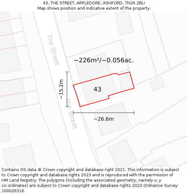 43, THE STREET, APPLEDORE, ASHFORD, TN26 2BU: Plot and title map