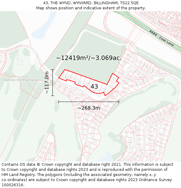 43, THE WYND, WYNYARD, BILLINGHAM, TS22 5QE: Plot and title map