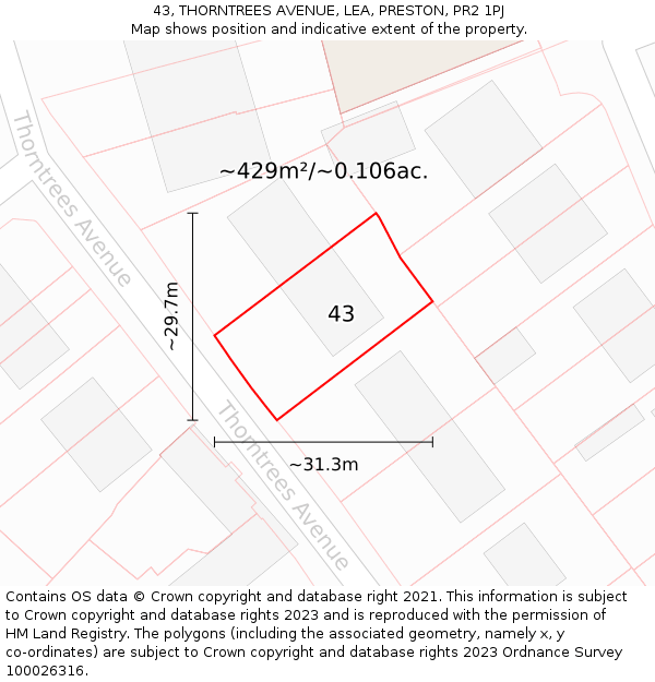 43, THORNTREES AVENUE, LEA, PRESTON, PR2 1PJ: Plot and title map