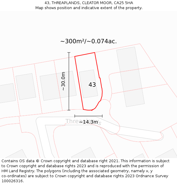 43, THREAPLANDS, CLEATOR MOOR, CA25 5HA: Plot and title map