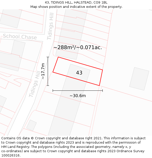 43, TIDINGS HILL, HALSTEAD, CO9 1BL: Plot and title map