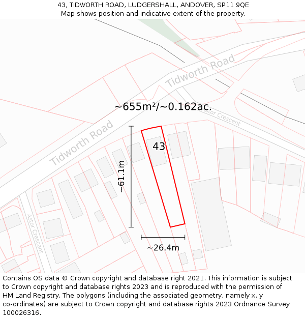 43, TIDWORTH ROAD, LUDGERSHALL, ANDOVER, SP11 9QE: Plot and title map