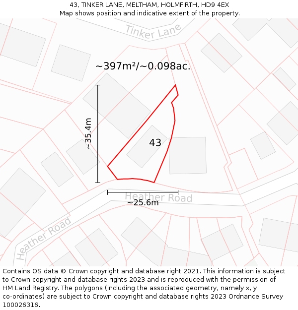 43, TINKER LANE, MELTHAM, HOLMFIRTH, HD9 4EX: Plot and title map