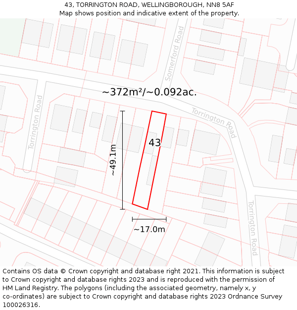 43, TORRINGTON ROAD, WELLINGBOROUGH, NN8 5AF: Plot and title map