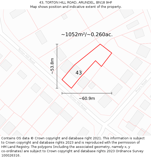 43, TORTON HILL ROAD, ARUNDEL, BN18 9HF: Plot and title map