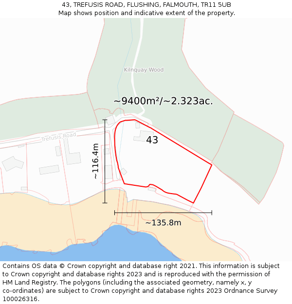 43, TREFUSIS ROAD, FLUSHING, FALMOUTH, TR11 5UB: Plot and title map