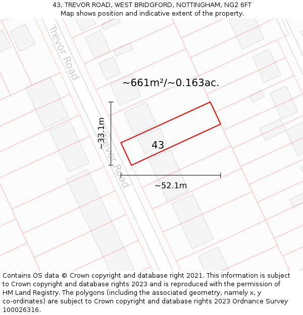 43, TREVOR ROAD, WEST BRIDGFORD, NOTTINGHAM, NG2 6FT: Plot and title map