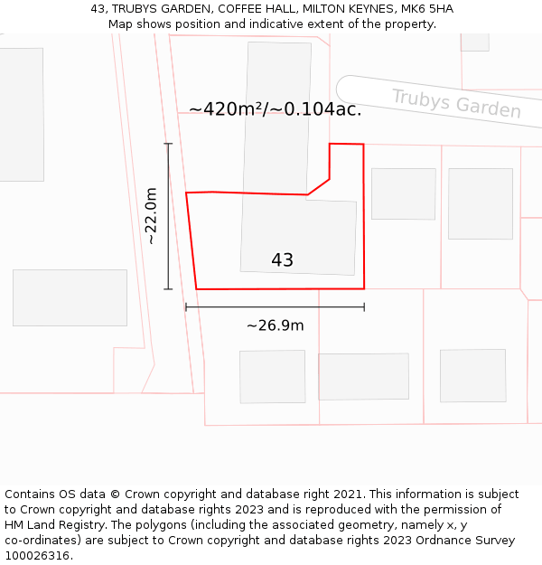 43, TRUBYS GARDEN, COFFEE HALL, MILTON KEYNES, MK6 5HA: Plot and title map