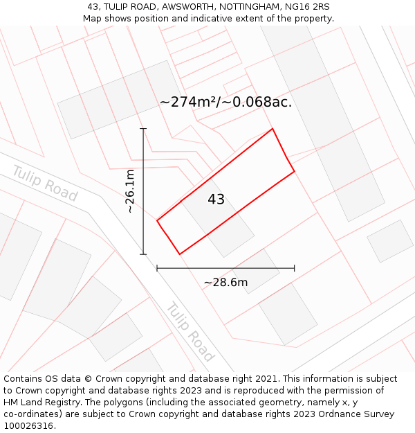 43, TULIP ROAD, AWSWORTH, NOTTINGHAM, NG16 2RS: Plot and title map