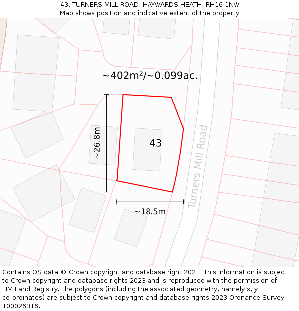 43, TURNERS MILL ROAD, HAYWARDS HEATH, RH16 1NW: Plot and title map