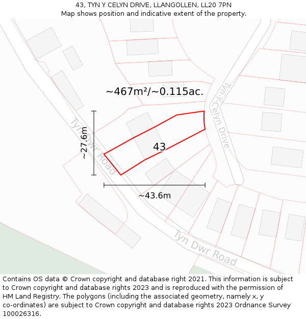 43, TYN Y CELYN DRIVE, LLANGOLLEN, LL20 7PN: Plot and title map