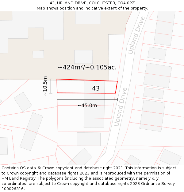 43, UPLAND DRIVE, COLCHESTER, CO4 0PZ: Plot and title map