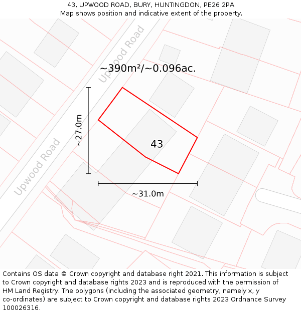 43, UPWOOD ROAD, BURY, HUNTINGDON, PE26 2PA: Plot and title map